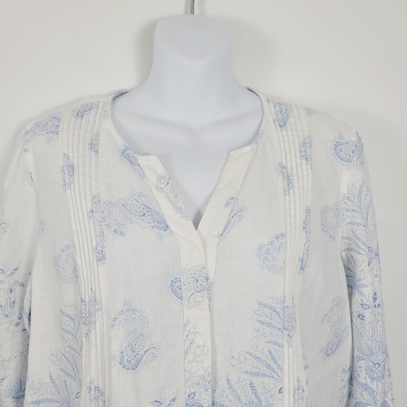 Soft Surroundings White Blue Floral Paisley 100% Linen Pleated Shirt - Picture 3 of 7